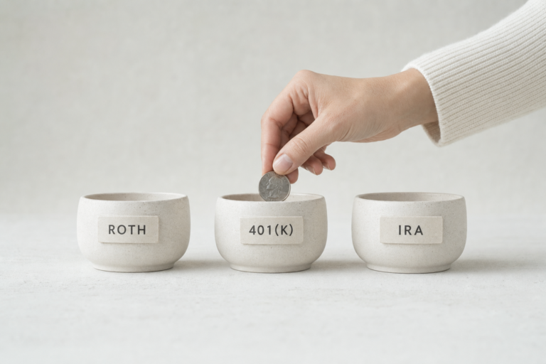 Three identical stoneware bowls labelled Roth, 401(k) and IRA, with a hand lowering a coin into the middle one