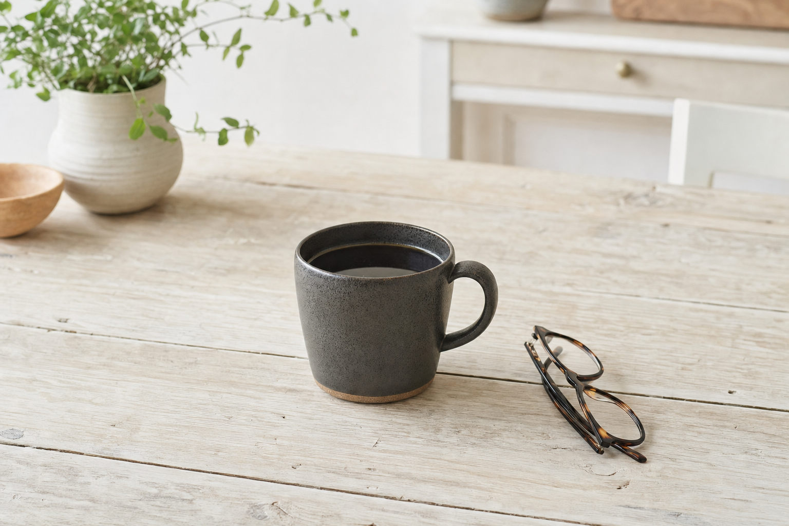 A dark stoneware mug of black coffee and a folded pair of reading glasses on a pale wooden kitchen table, a potted plant behind