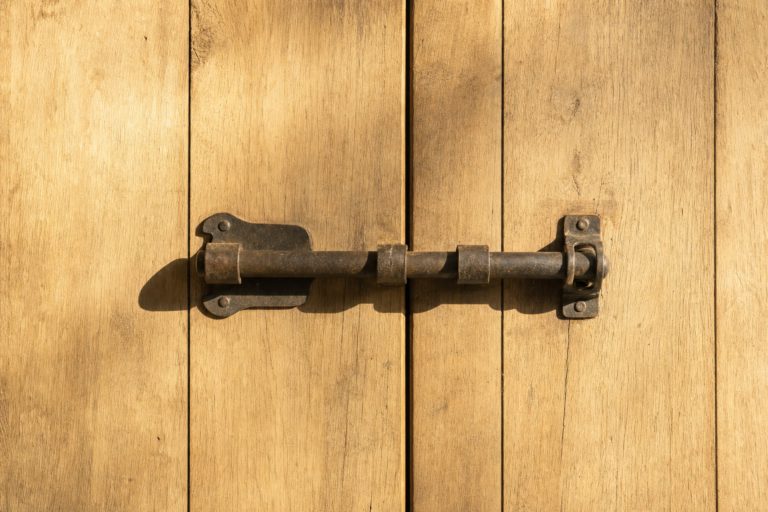 A heavy iron bolt drawn shut across the inside of a plain wooden door, lit by low raking sunlight