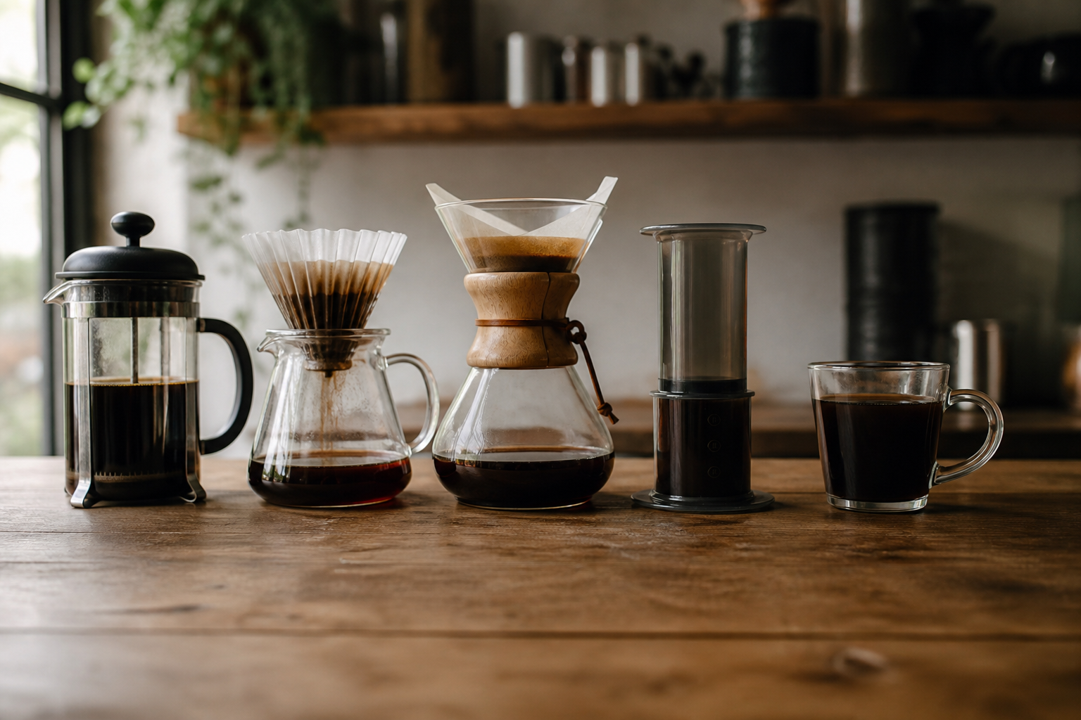 Five brewers in a row on a wooden table — a French press, a pour-over cone over a carafe, a Chemex, an AeroPress and a glass mug — each holding brewed coffee