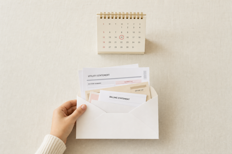 A hand holding an envelope stuffed with utility and billing statements, below a small desk calendar with one date circled