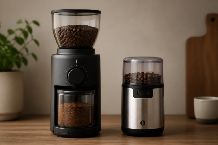 A tall black electric burr grinder with a bean hopper and grind dial beside a short stainless blade grinder with a clear lid, both on a wooden counter