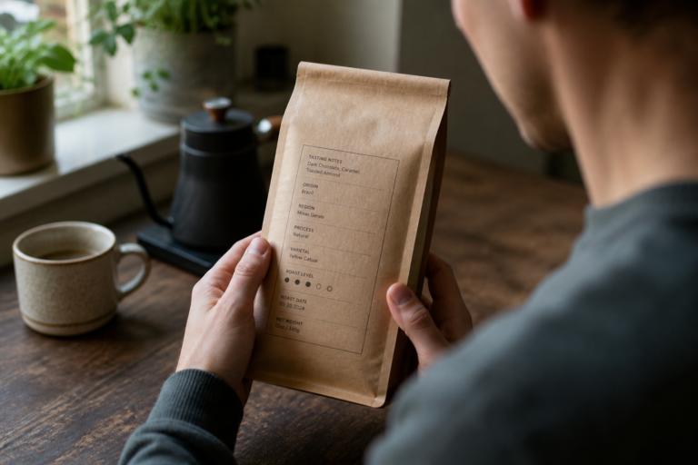 Seen over a person's shoulder, two hands holding an unbranded kraft coffee bag open to its information panel, which lists tasting notes, origin, region, process, varietal, a roast-level scale, roast date and net weight, with a mug and a gooseneck kettle out of focus behind