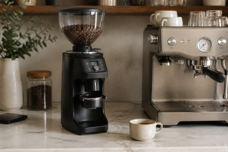 A black electric burr grinder full of beans in the foreground of a marble counter, a stainless espresso machine out of focus behind it