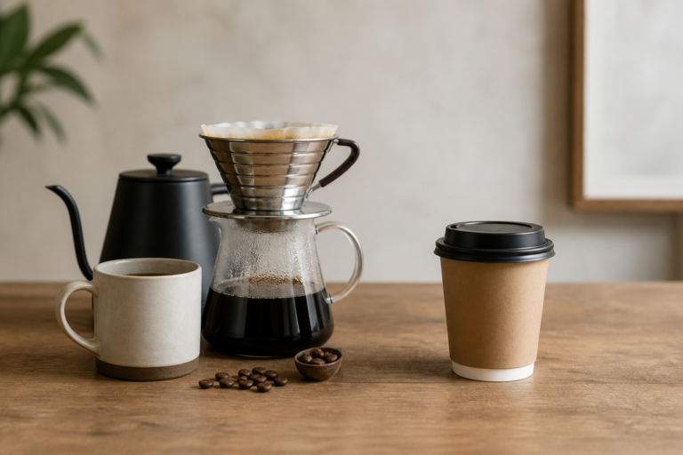 A home pour-over set-up with kettle, carafe and mug on a wooden table at the left, and a lidded takeaway cup from a cafe at the right