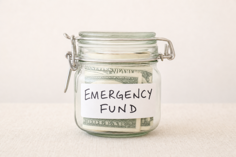 A clamp-lid glass jar packed with folded banknotes, a hand-written label reading Emergency Fund across the front