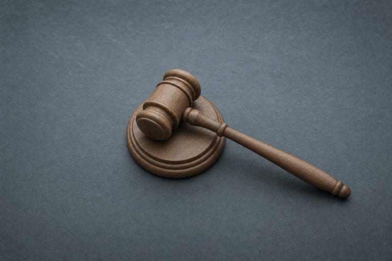 A wooden gavel lying across its round sound block on a dark slate surface
