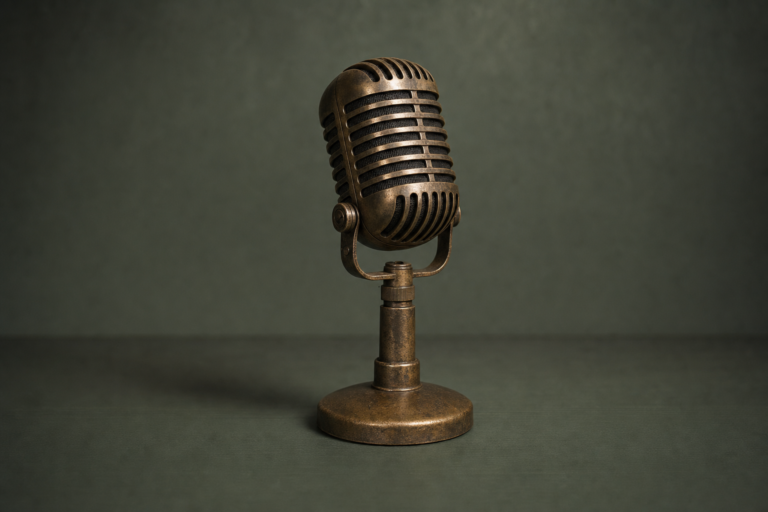 An old brass ribbon microphone on a short stand against a dark green background, its grille turned slightly off-axis