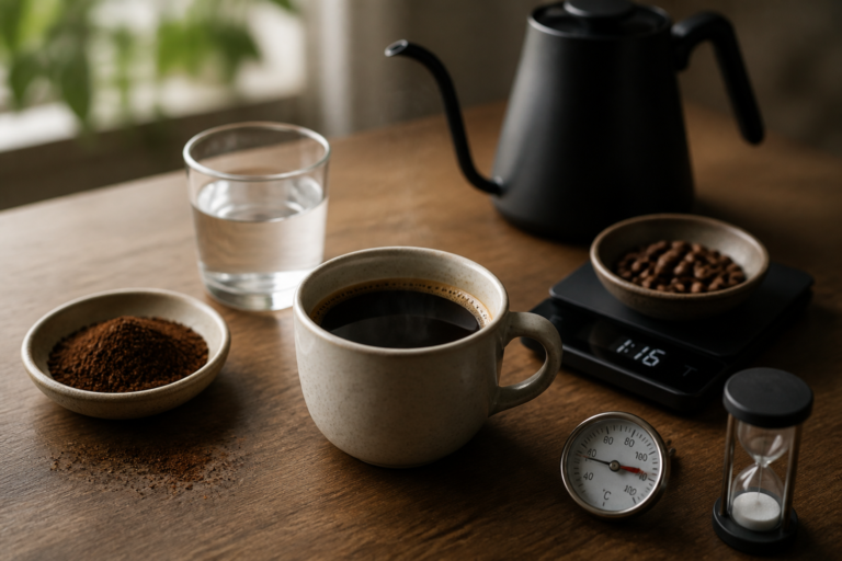 A cup of black coffee on a wooden table surrounded by the things that change it — a bowl of grounds, a glass of water, a bowl of beans on a scale, a gooseneck kettle, a dial thermometer and an hourglass