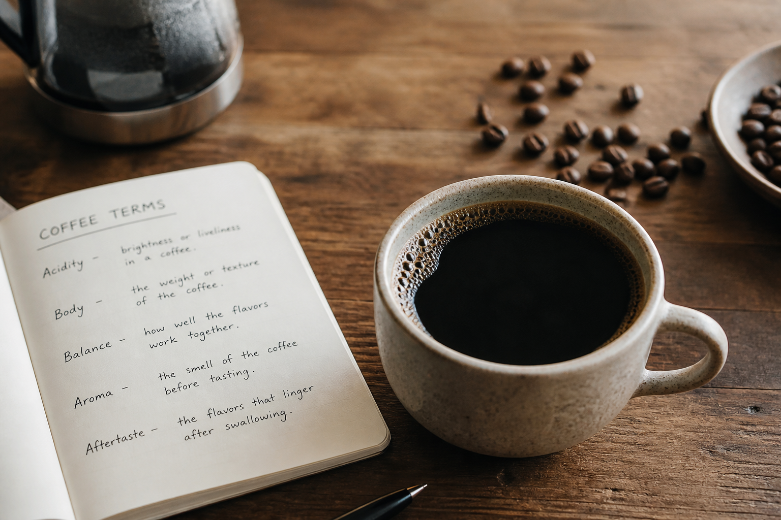 An open notebook headed COFFEE TERMS with handwritten definitions of acidity, body, balance, aroma and aftertaste, beside a full cup of black coffee and scattered roasted beans