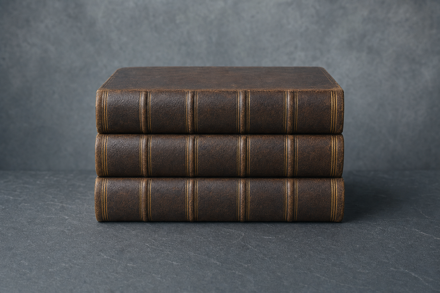 Three heavy leather-bound volumes stacked squarely against a grey wall, their spines banded in faded gilt and carrying no lettering