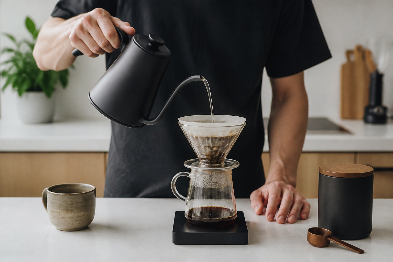 A person in a dark shirt pouring water from a black gooseneck kettle into a paper filter cone set over a glass carafe on a kitchen scale, a mug and a storage canister beside it