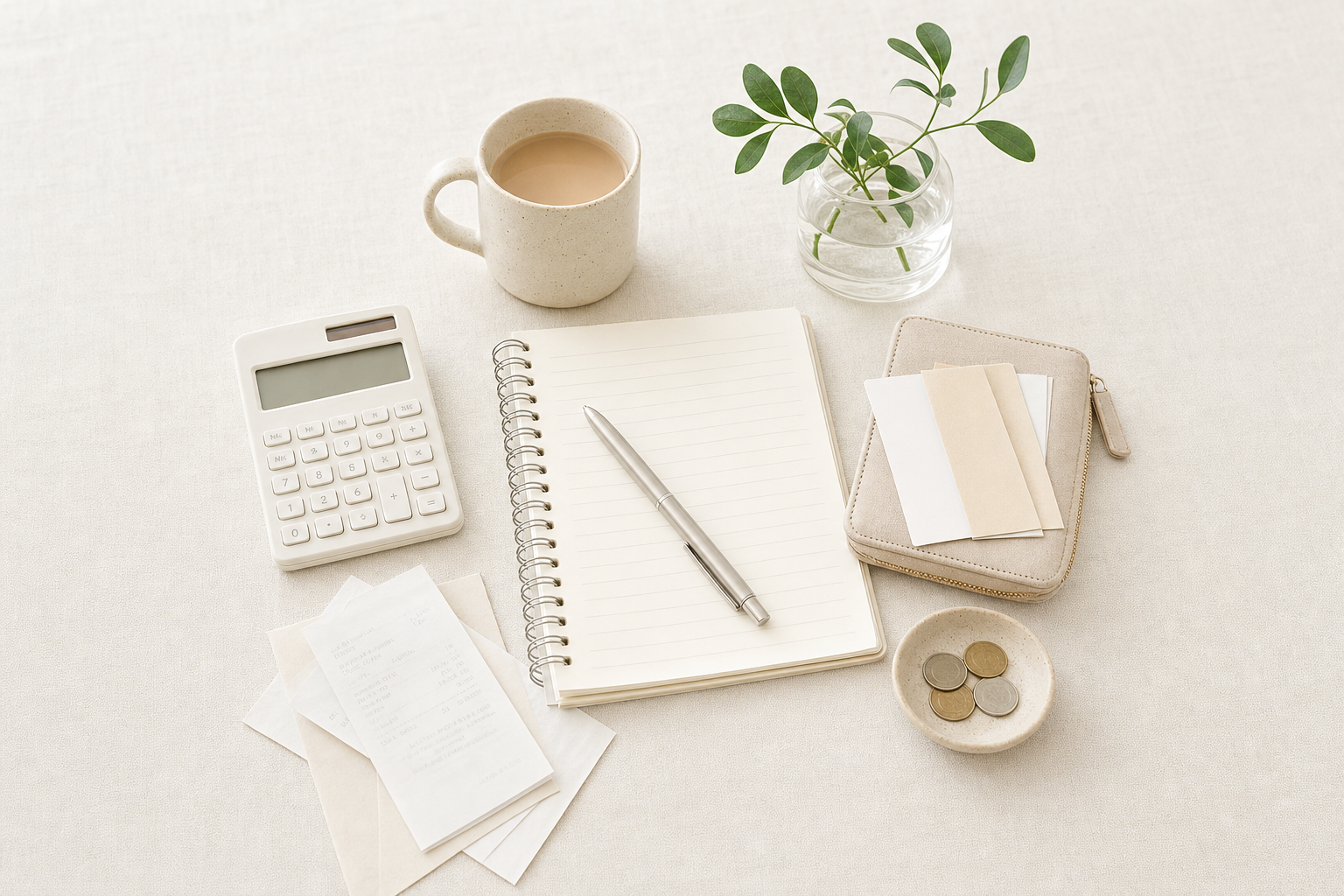 An overhead view of a calculator, an open notebook and pen, a coffee mug, a coin dish and a few receipts on pale linen