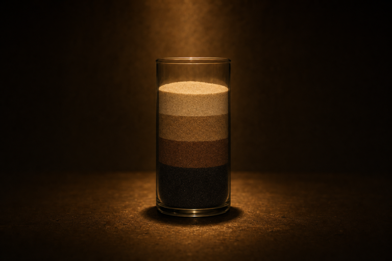 A tall glass cylinder holding four horizontal bands of sand at different depths, running pale gold at the top to near-black at the bottom, lit by a single warm light