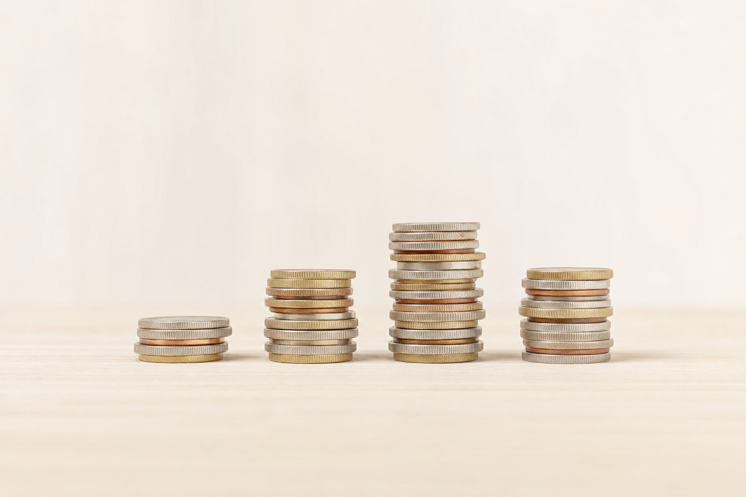 Four stacks of coins of different heights standing in a row on a pale wooden surface, seen edge-on against a plain wall