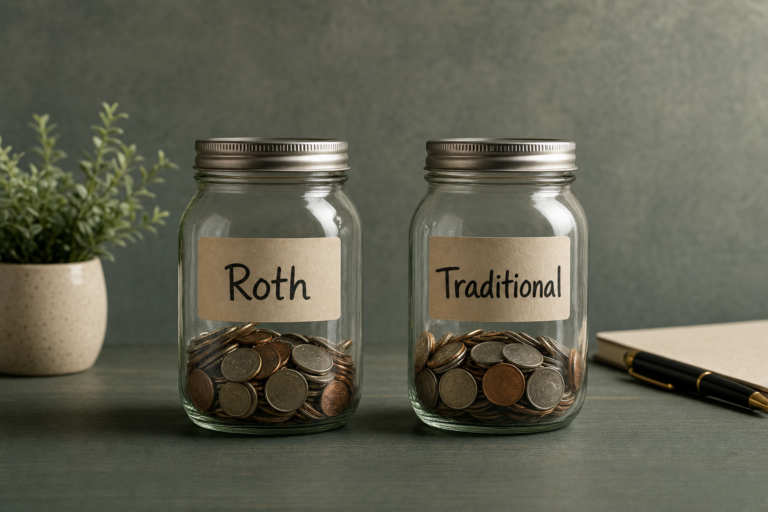 Two identical glass jars of mixed coins side by side on a dark wooden surface, hand-lettered labels reading Roth and Traditional