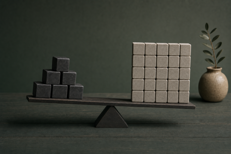 A wooden balance holding six large dark cubes on one side and a block of twenty-five small pale cubes on the other
