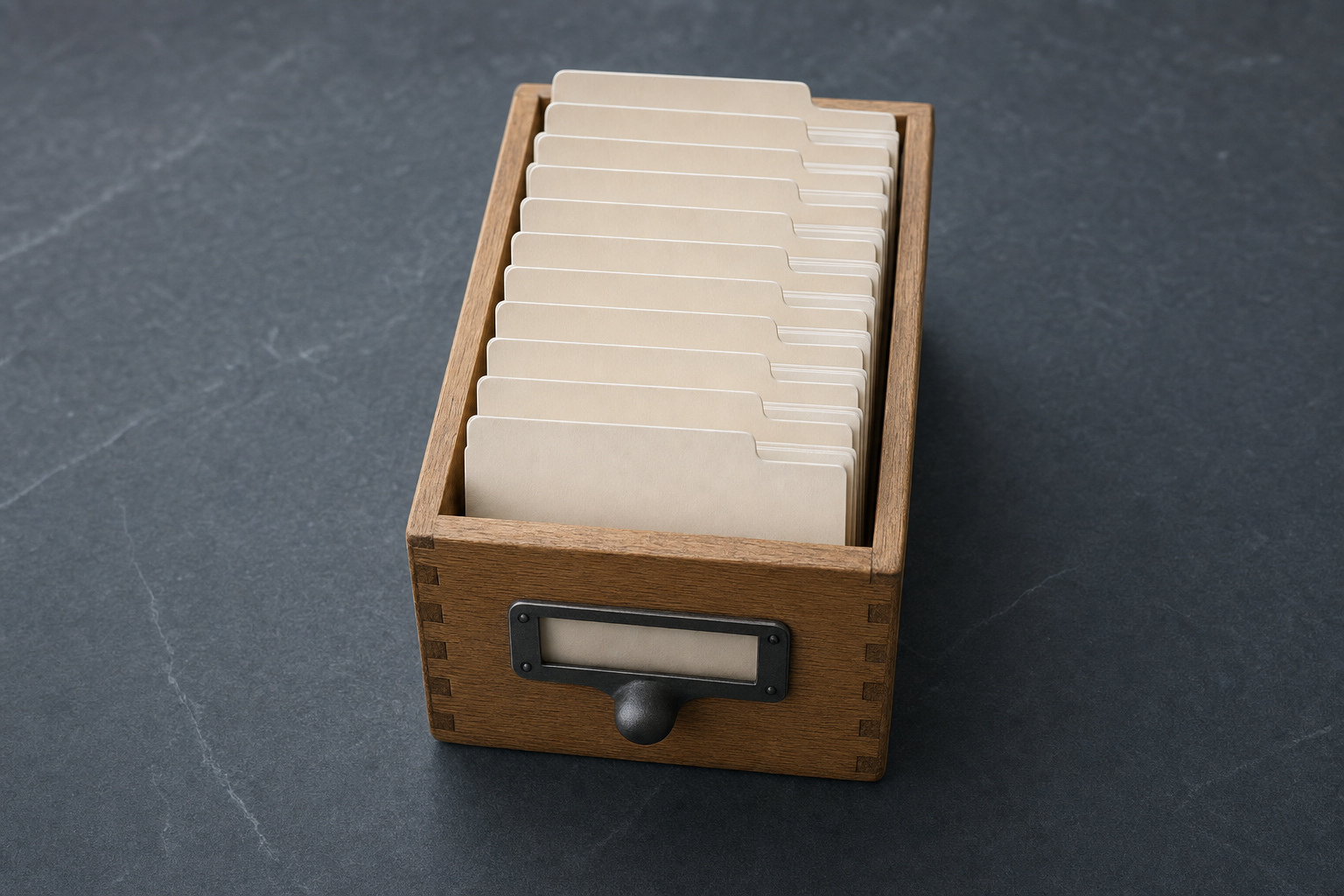 A wooden card-index drawer set at an angle on dark slate, filled with a row of blank tabbed cards, its front label holder empty