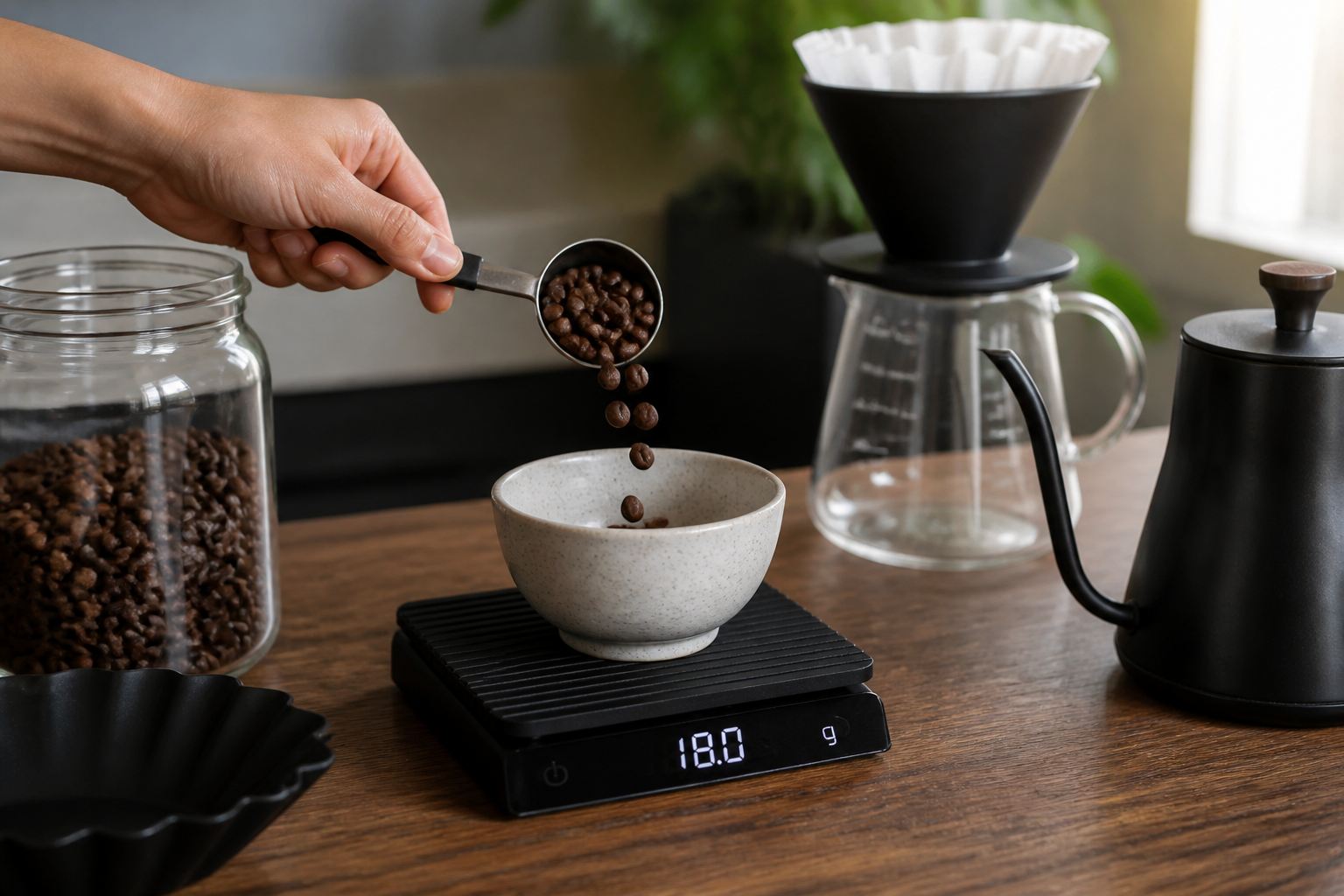 A hand tipping coffee beans from a metal scoop into a small bowl on a digital scale reading 18.0 grams, a pour-over cone and carafe beside it