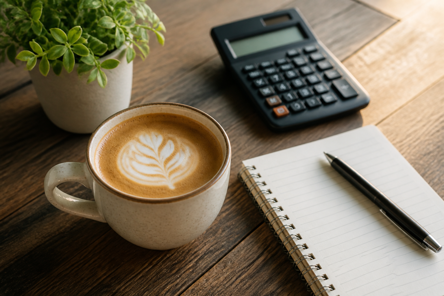 A cup of coffee with leaf latte art on a wooden table beside a pocket calculator, an open spiral notebook and a pen