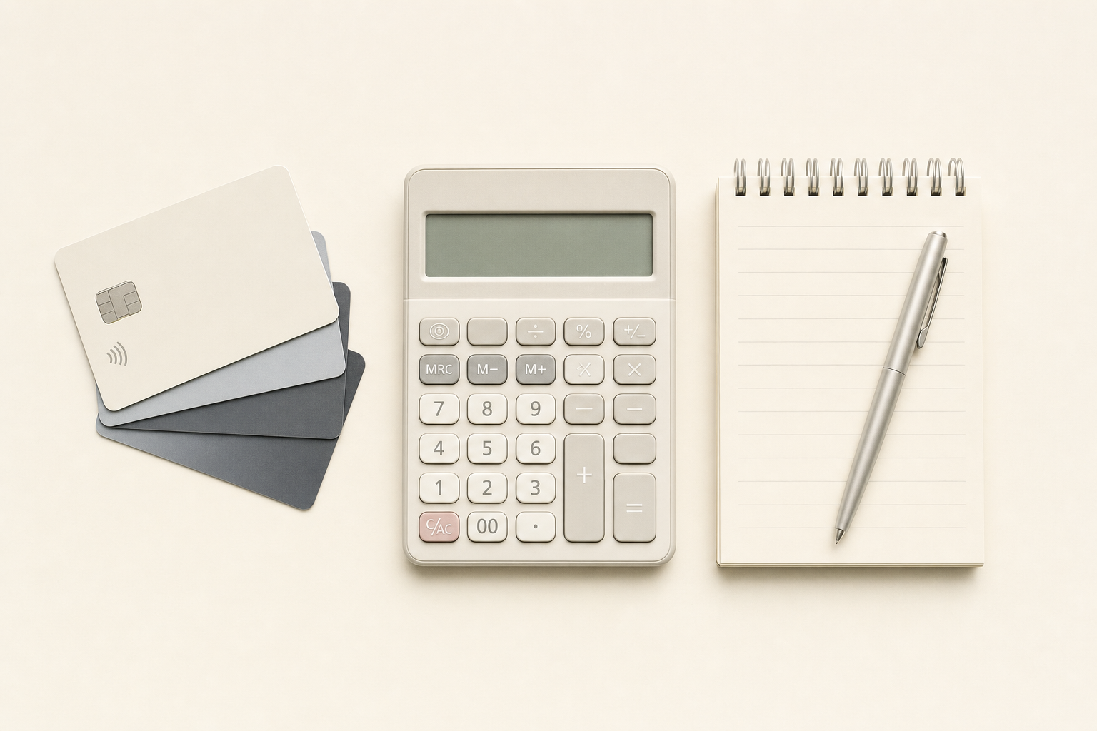 Four unmarked plastic cards fanned out beside a calculator with a blank display and a spiral notepad, seen from above