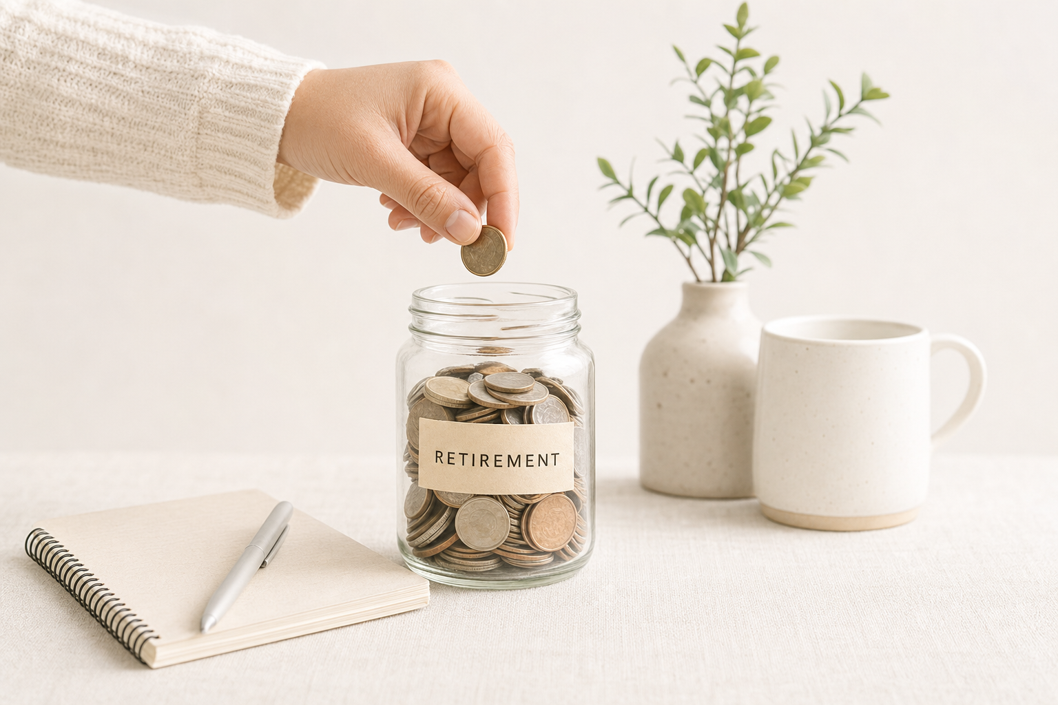 A hand dropping a coin into a coin-filled glass jar labelled Retirement, with a notebook and pen alongside