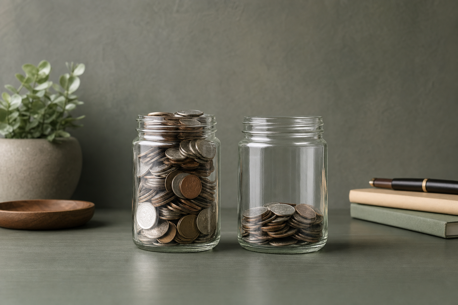 Two glass jars of loose coins side by side on a grey-green desk, the left jar filled to the brim and the right about a quarter full